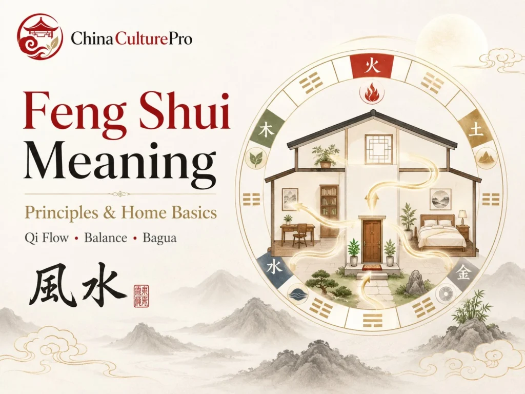 Feng Shui meaning guide with home basics, qi flow, Bagua, and Five Elements house layout illustration
