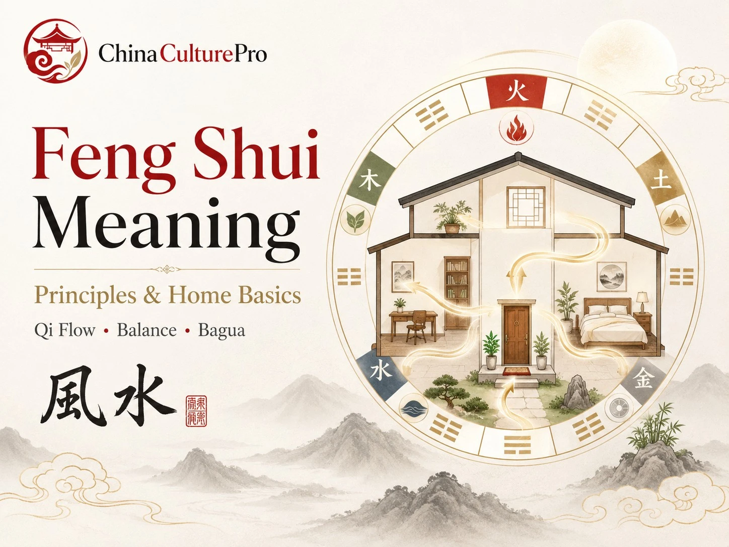 Feng Shui meaning guide with home basics, qi flow, Bagua, and Five Elements house layout illustration