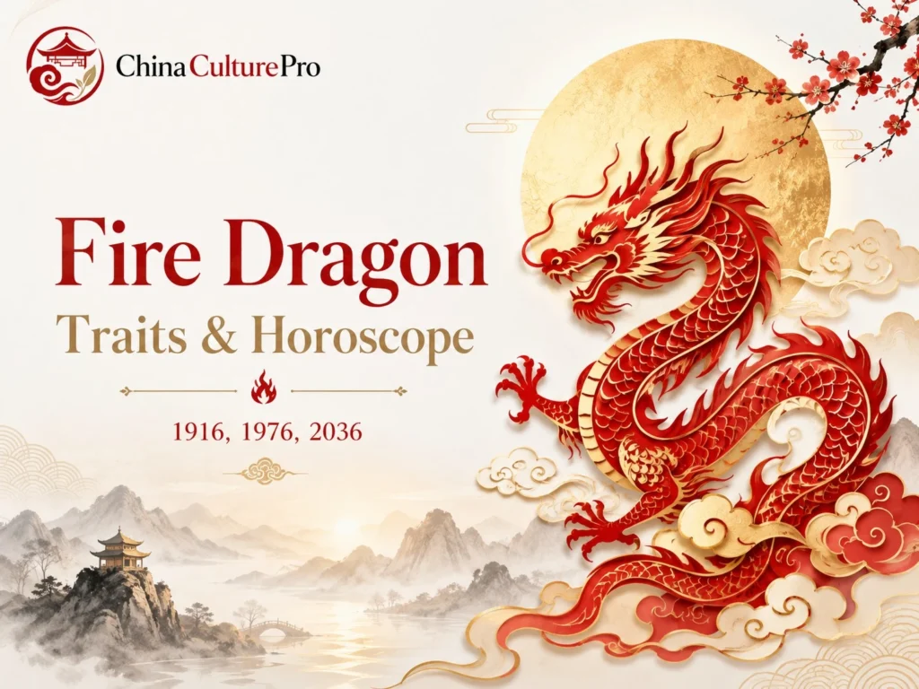Fire Dragon Chinese zodiac cover with red gold dragon, moon, and traits horoscope title