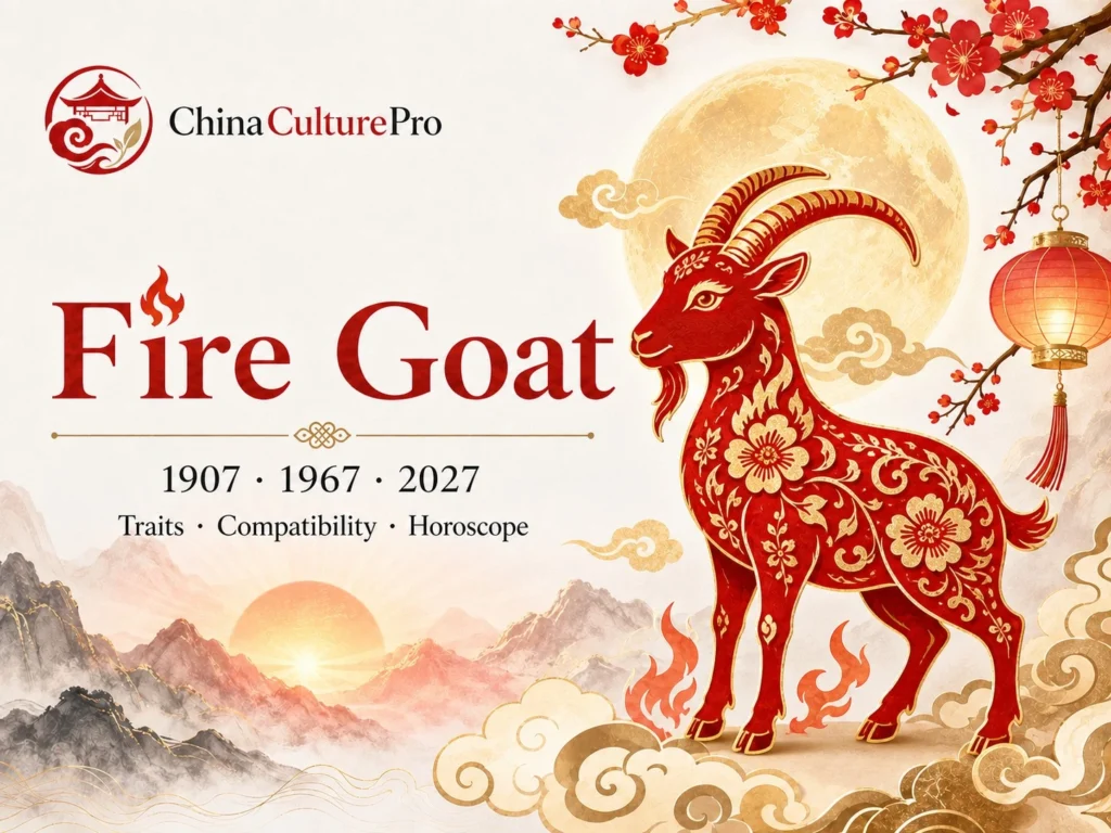 Fire Goat traits horoscope cover with red gold paper cut goat and traditional Chinese motifs.webp