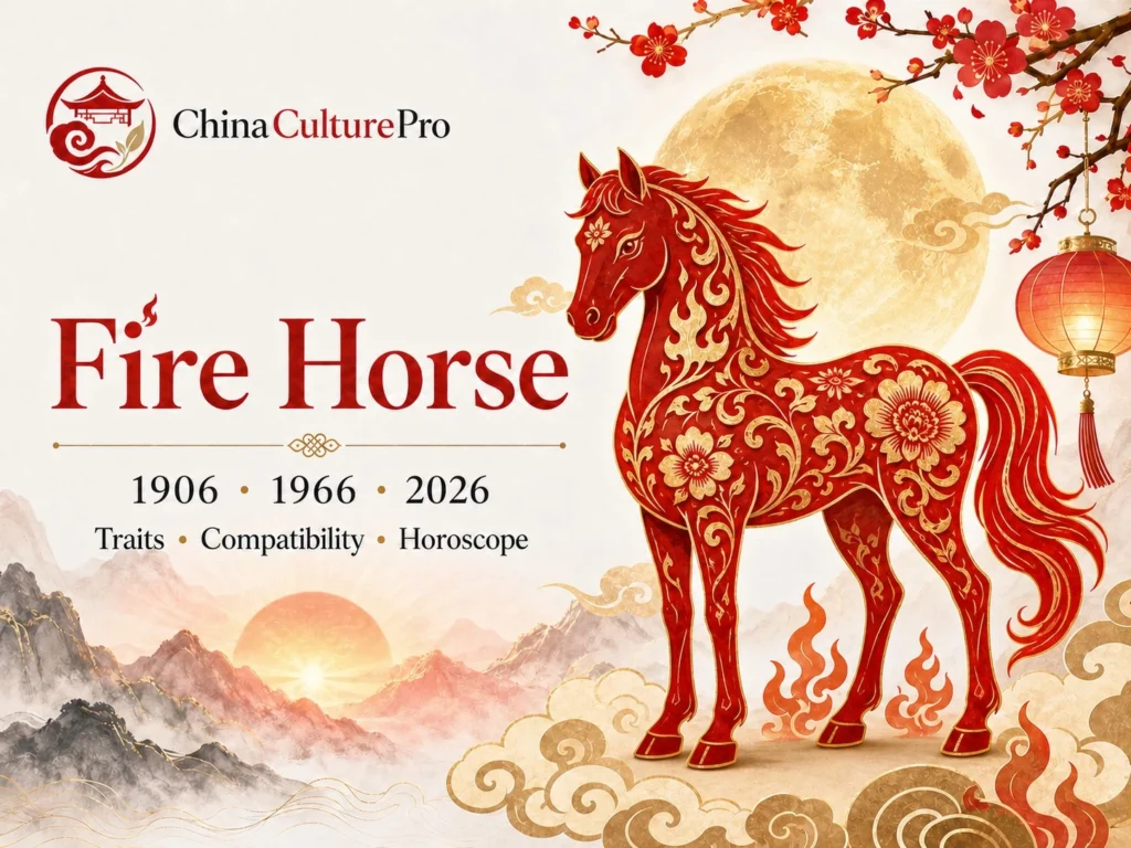 Fire Horse traits horoscope cover with red gold paper cut horse and traditional Chinese motifs.webp