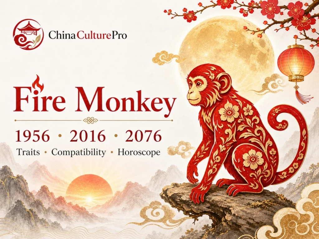 Fire Monkey traits horoscope cover with red gold paper cut monkey and traditional Chinese motifs.webp