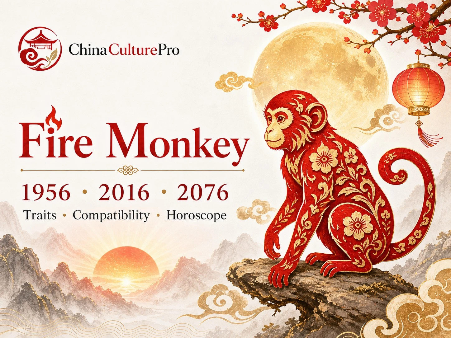 Fire Monkey traits horoscope cover with red gold paper cut monkey and traditional Chinese motifs.webp