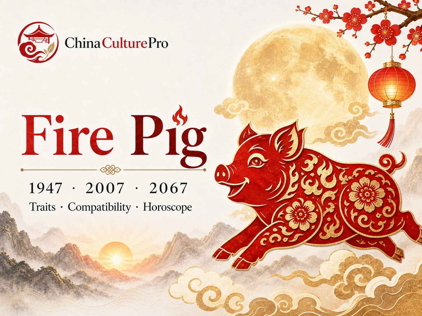 Fire Pig traits horoscope cover with red gold paper cut pig and traditional Chinese motifs.webp.webp
