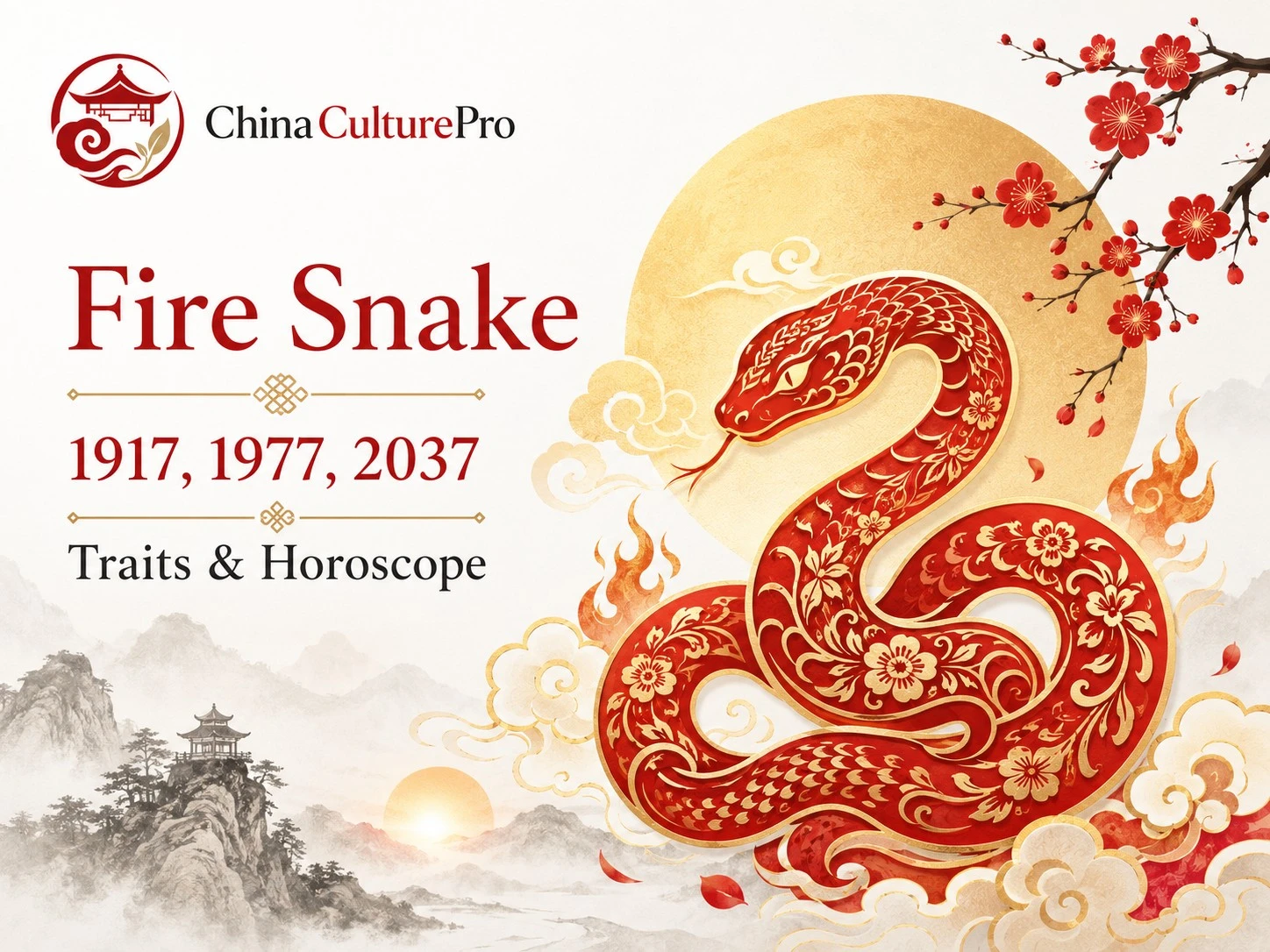 Fire Snake zodiac cover with red gold paper cut snake and traditional Chinese elements