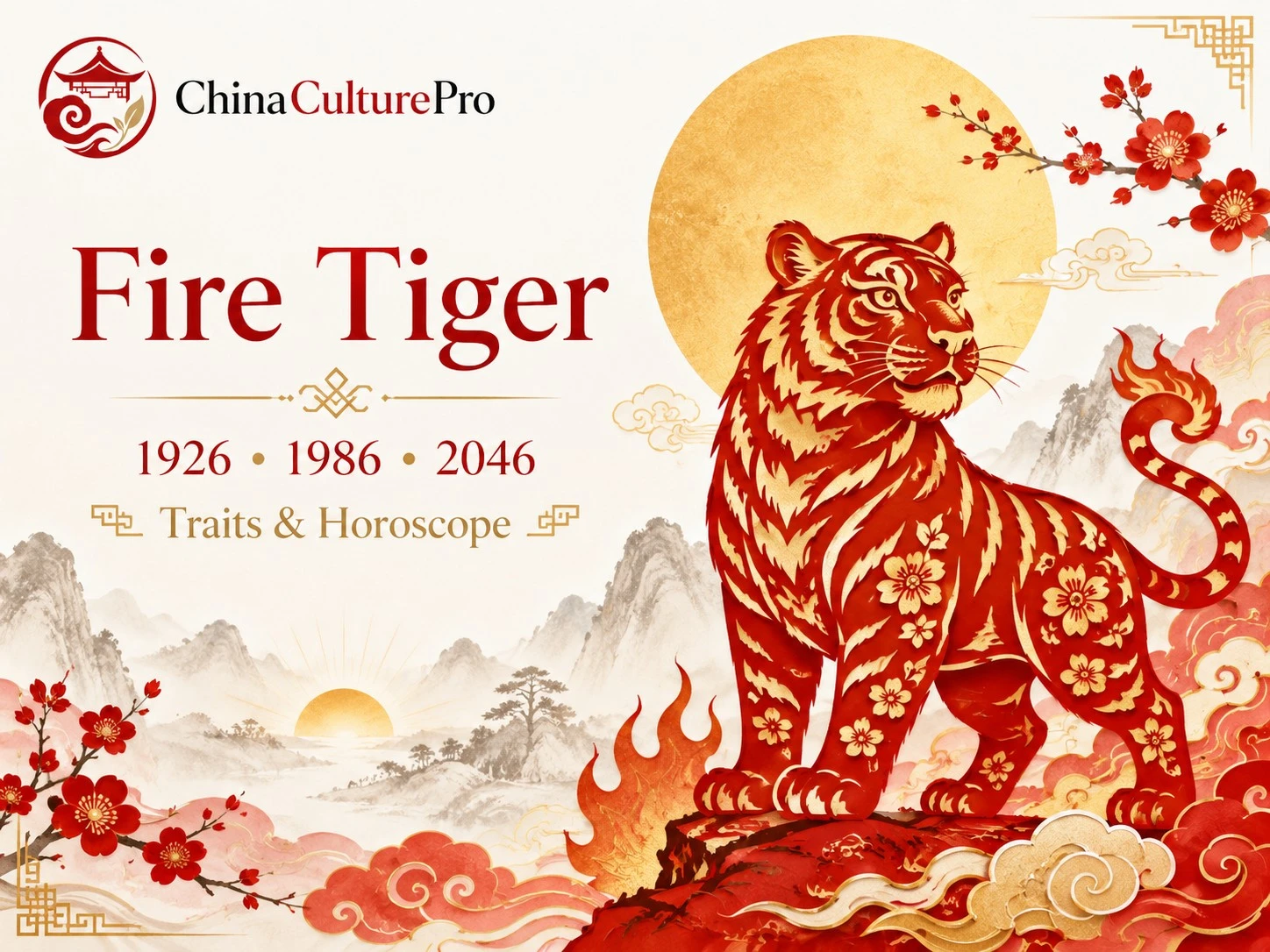 Fire Tiger Chinese zodiac traits guide with red gold paper cut tiger, lanterns, and mountain landscape