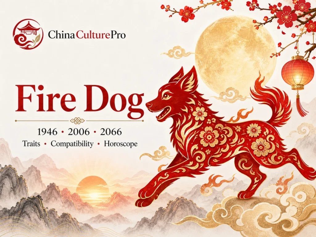 Fire dog traits horoscope cover with red gold paper cut dog and traditional Chinese motifs.webp