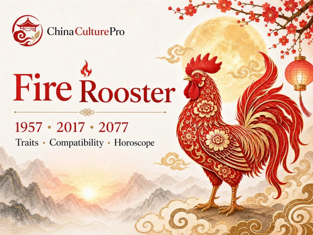 Fire rooster traits horoscope cover with red gold paper cut rooster and traditional Chinese motifs.webp