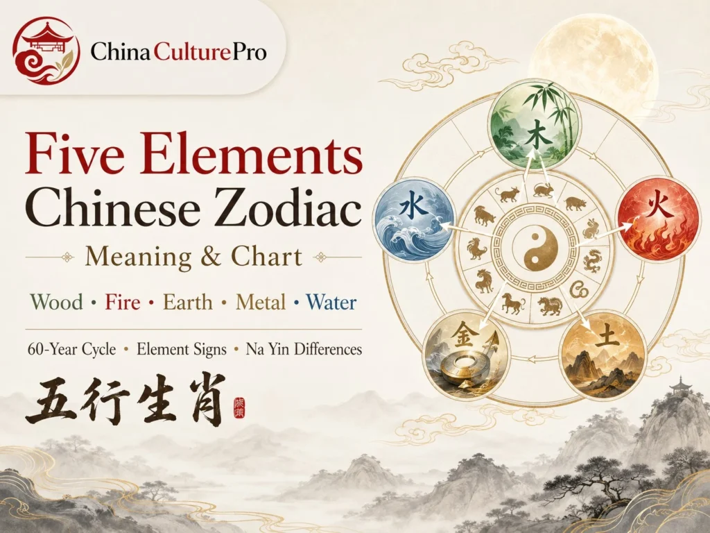 Five Elements Chinese zodiac chart showing Wood Fire Earth Metal Water and 60 year cycle