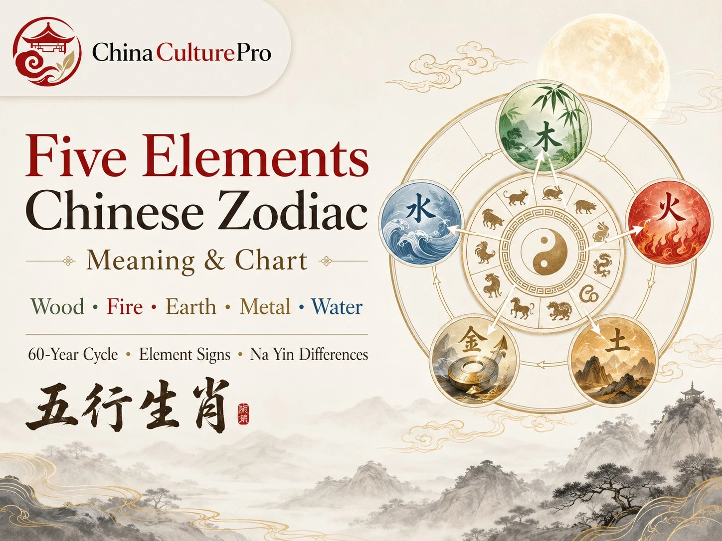 Five Elements Chinese zodiac chart showing Wood Fire Earth Metal Water and 60 year cycle