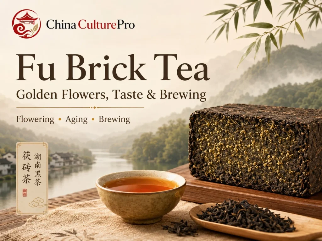 Fu Brick Tea guide with golden flowers dark tea brick amber liquor and Hunan mountain scenery