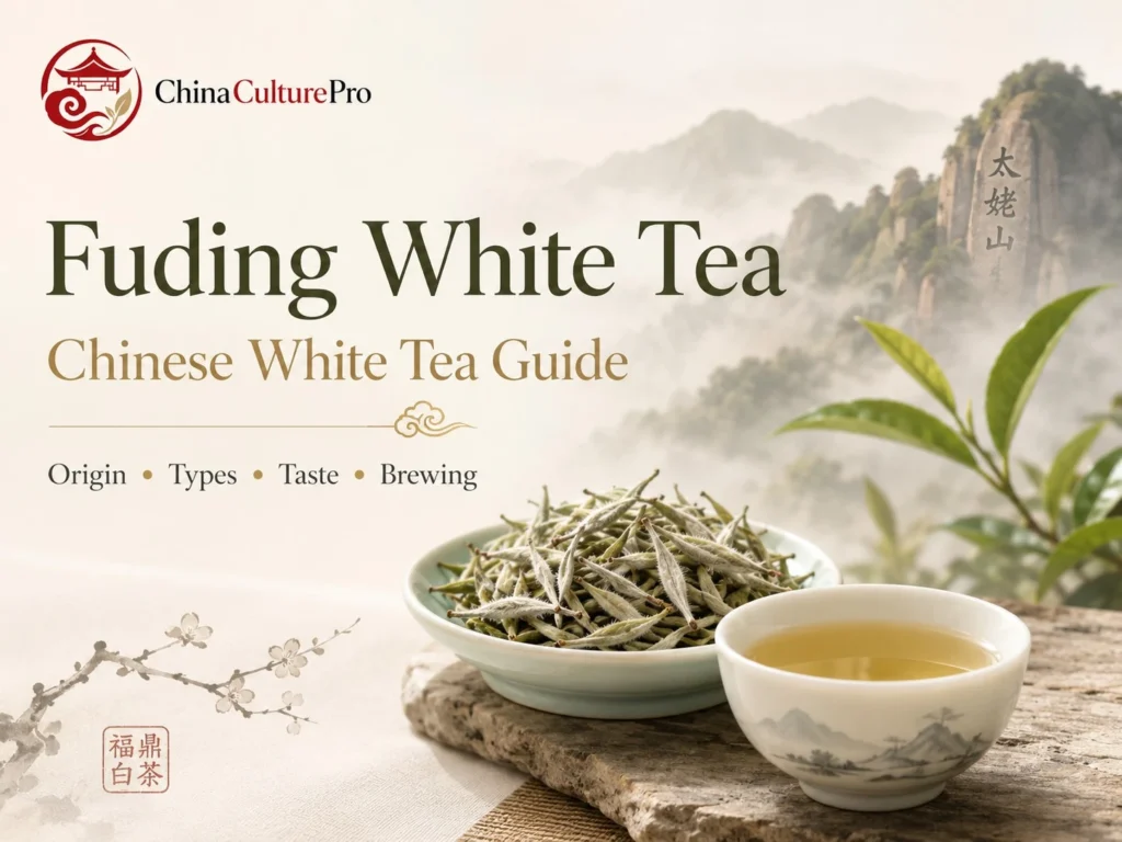 Fuding White Tea cover design with Golden Eyebrow buds, amber liquor, and Wuyi mountain scenery