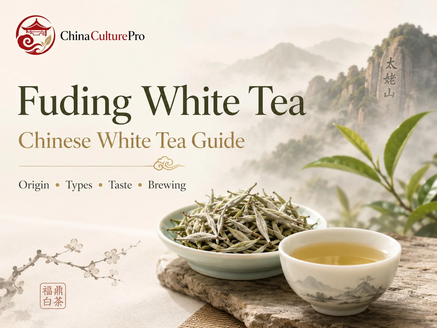 Fuding White Tea cover design with Golden Eyebrow buds, amber liquor, and Wuyi mountain scenery