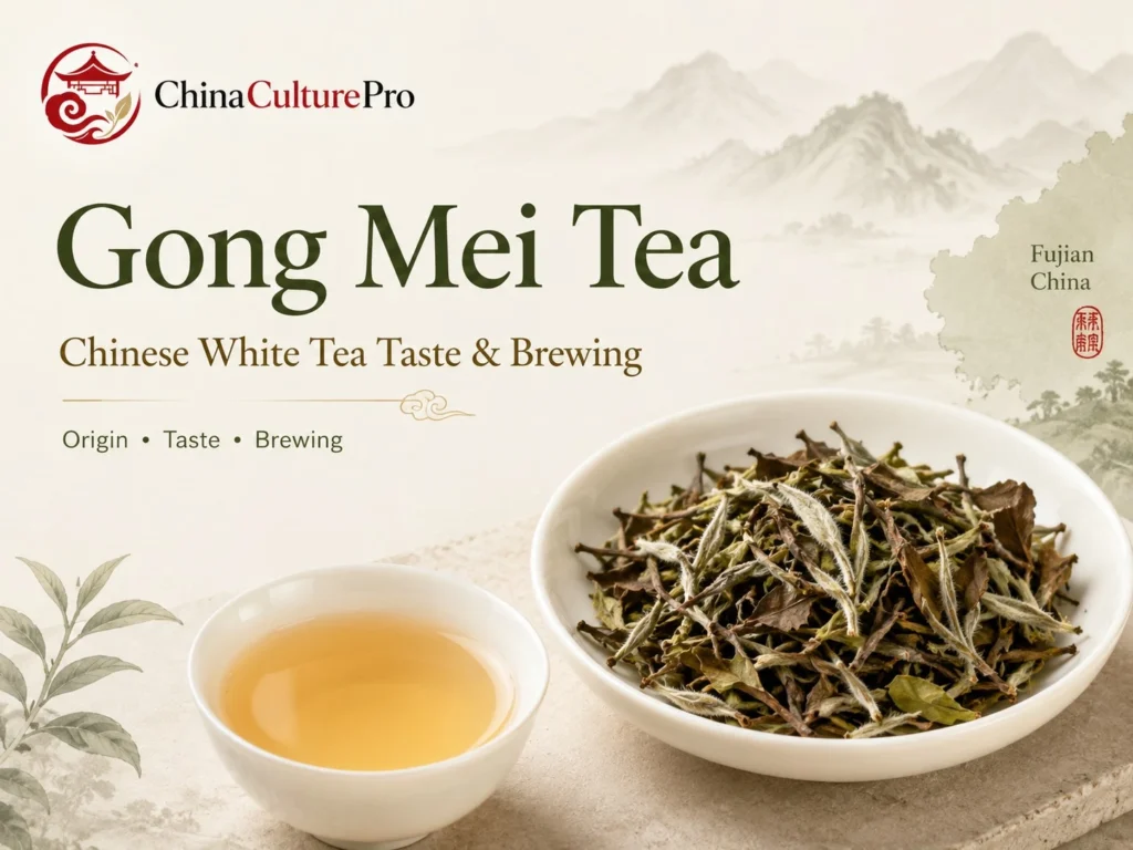 Gong Mei Tea guide with mixed white tea leaves, golden liquor, and Fujian mountain scenery