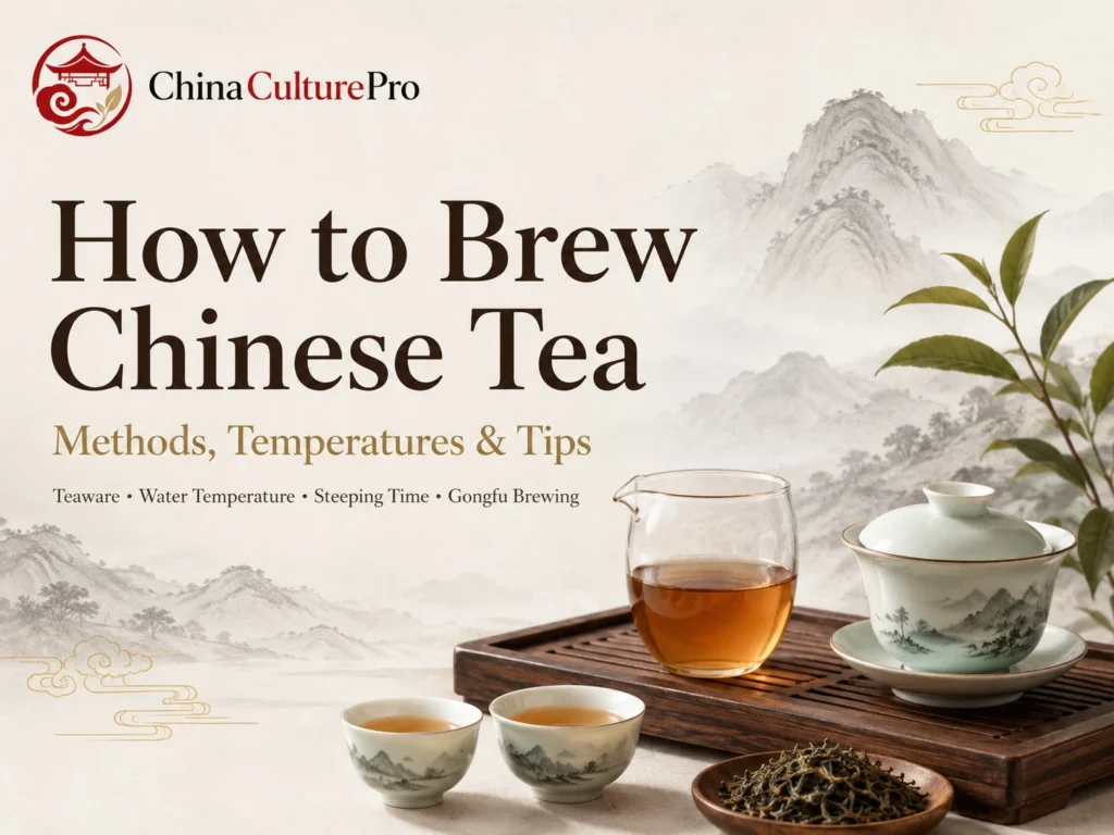 How to brew Chinese tea cover with gaiwan, fairness cup, teacups, and loose tea leaves