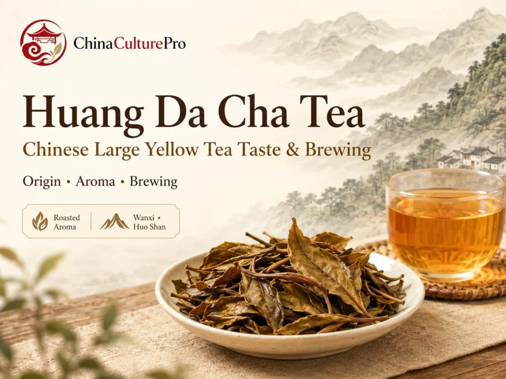 Huang Da Cha Tea guide with large yellow tea leaves, amber liquor, and Anhui mountain scenery
