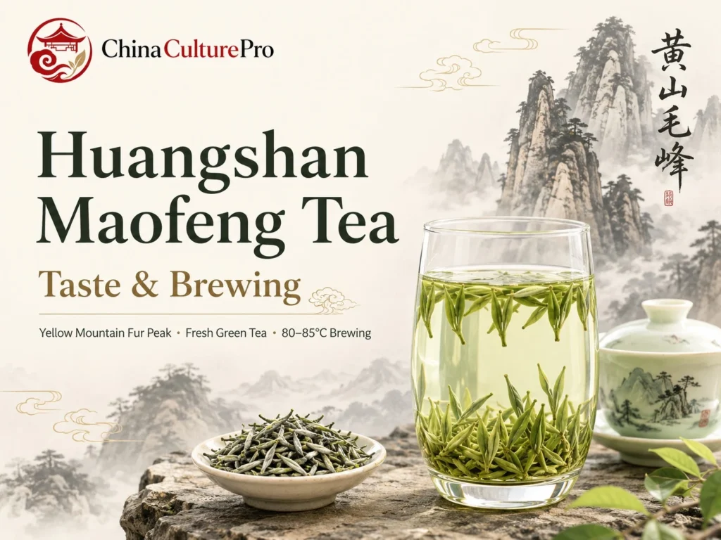 Huangshan Maofeng tea cover with glass cup, tender green leaves, gaiwan, and Yellow Mountain landscape