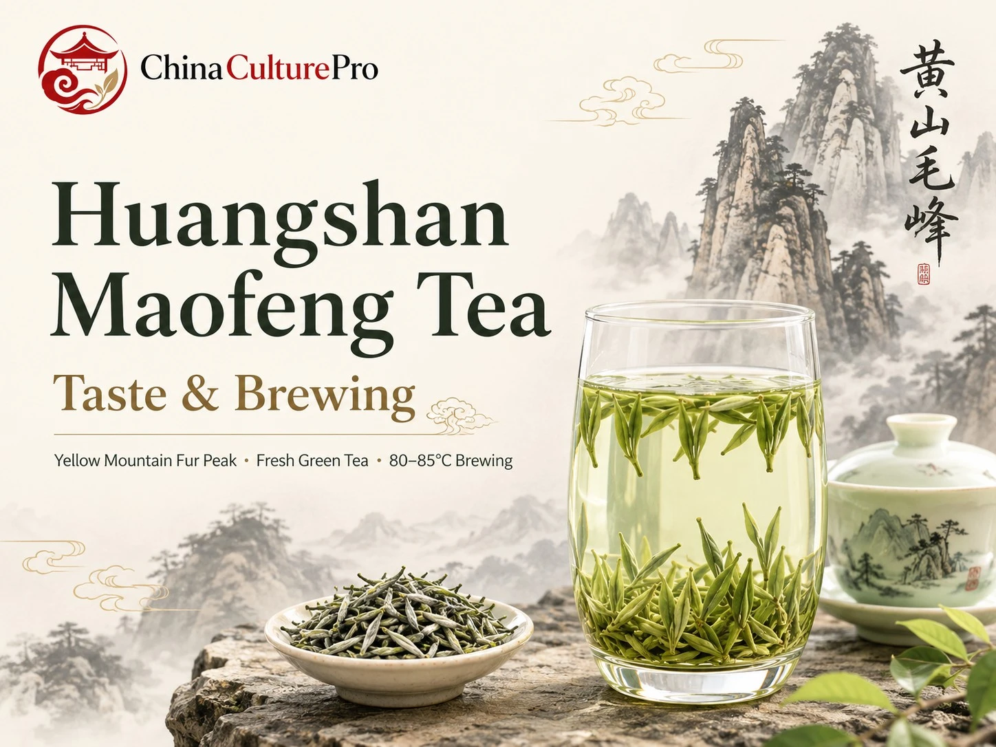 Huangshan Maofeng tea cover with glass cup, tender green leaves, gaiwan, and Yellow Mountain landscape