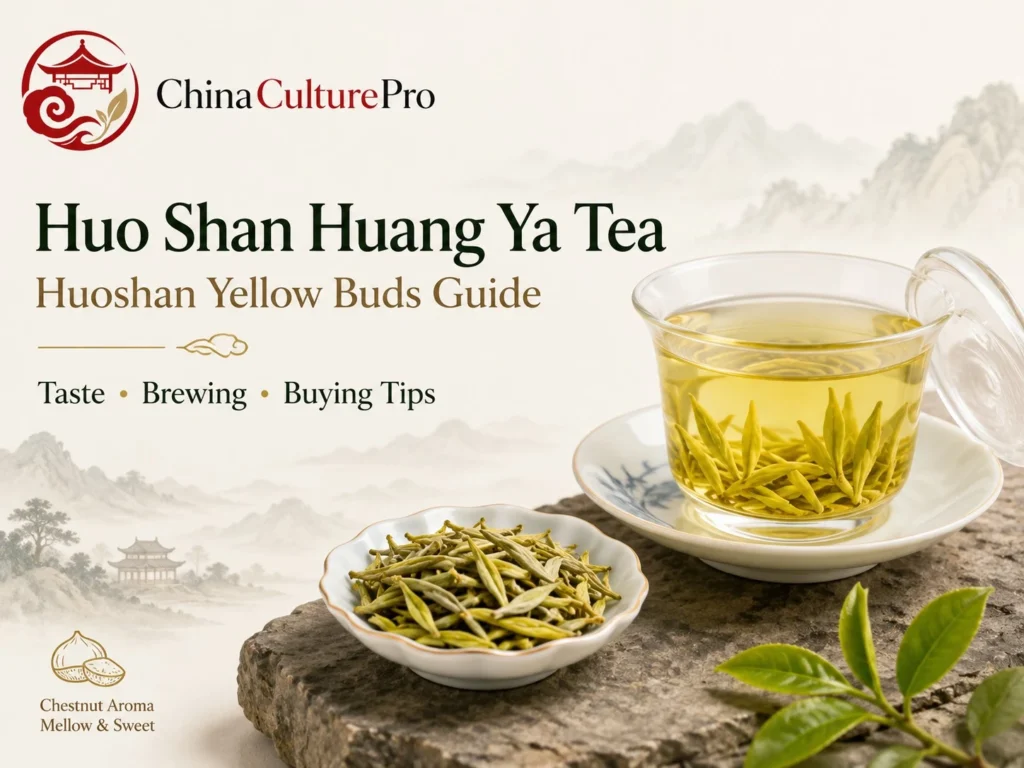 Huo Shan Huang Ya Tea guide with yellow buds, pale tea liquor, and Anhui mountain scenery