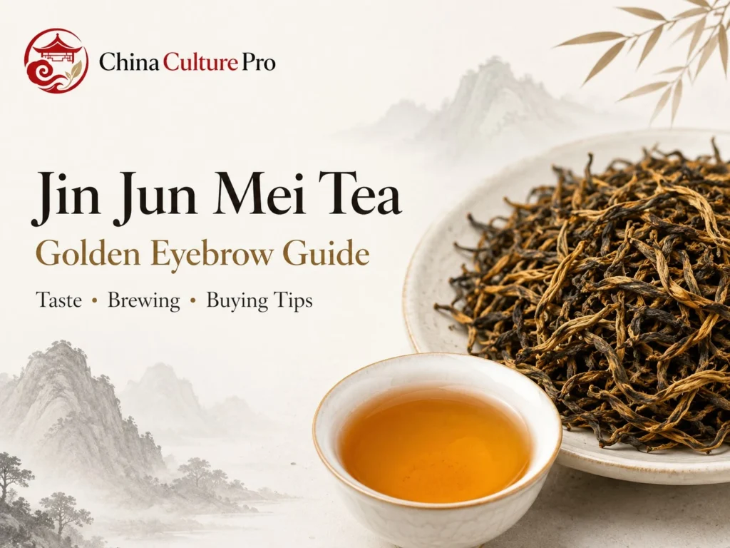 Jin Jun Mei Tea Golden Eyebrow Guide with golden black buds and amber tea