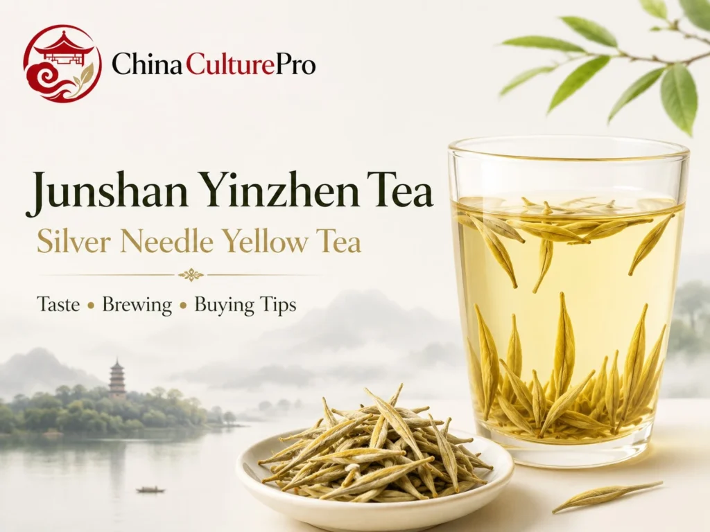 Junshan Yinzhen Tea Silver Needle Yellow Tea with yellow buds and clear golden liquor