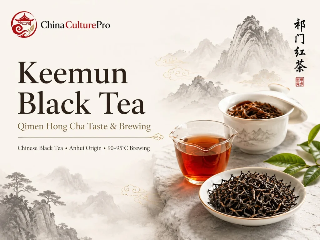 Keemun Black Tea cover with amber tea, dry leaves, gaiwan, and misty Anhui mountain scenery