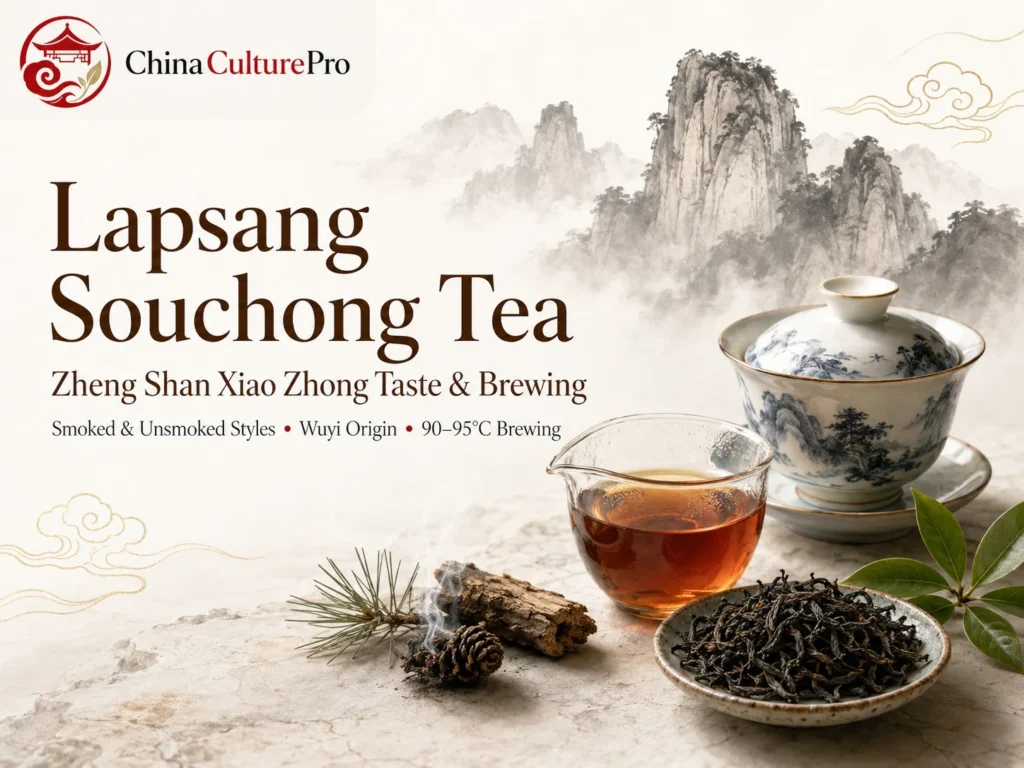 Lapsang Souchong tea cover with amber tea, smoked black leaves, gaiwan, pine wood, and Wuyi mountain scenery