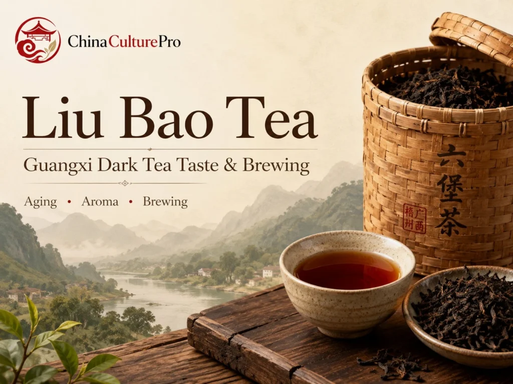 Liu Bao Tea guide with Guangxi dark tea red brown liquor bamboo basket and misty Wuzhou scenery