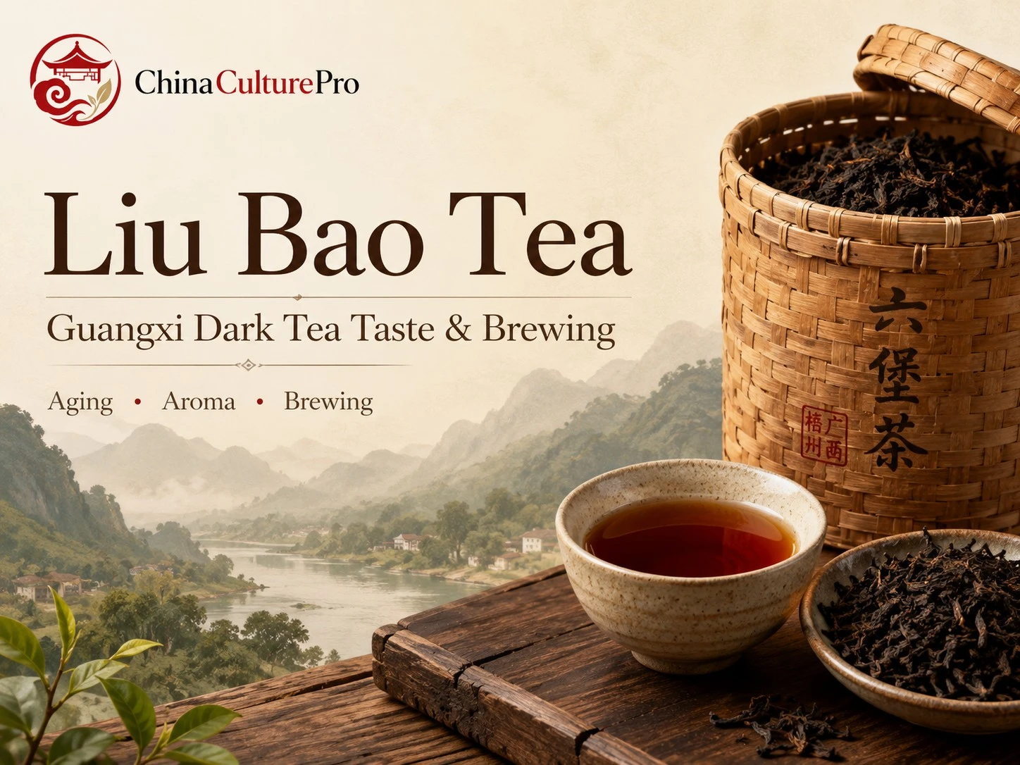 Liu Bao Tea guide with Guangxi dark tea red brown liquor bamboo basket and misty Wuzhou scenery