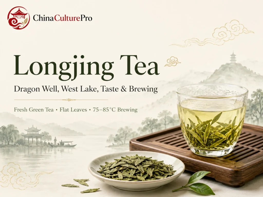 Longjing tea cover with Dragon Well leaves, glass cup, tea tray, and West Lake landscape imagery