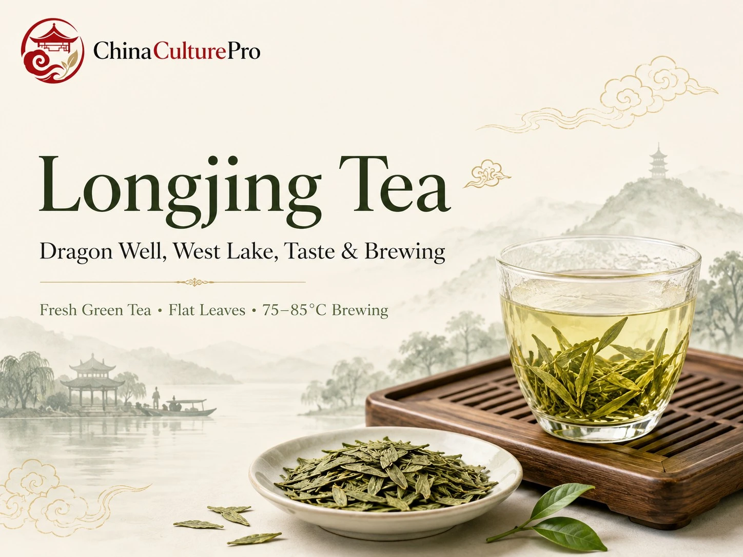 Longjing tea cover with Dragon Well leaves, glass cup, tea tray, and West Lake landscape imagery