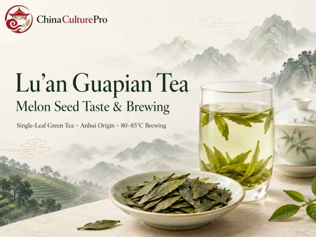 Lu’an Guapian tea cover with single leaf green tea, glass cup, and Anhui mountain scenery