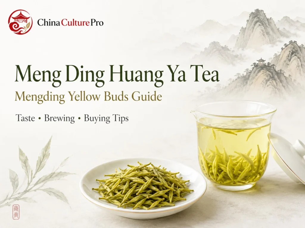 Meng Ding Huang Ya Tea guide with yellow buds, pale yellow liquor, and Mengding mountain scenery