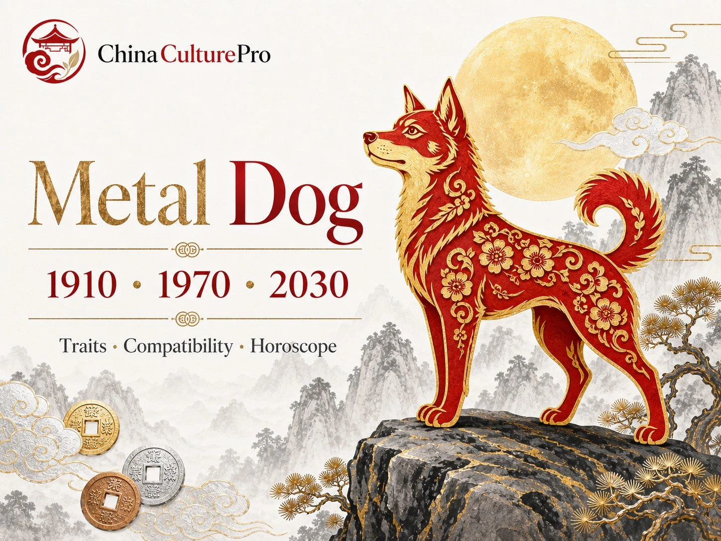 Metal Dog traits horoscope cover with red gold paper cut dog and traditional Chinese motifs
