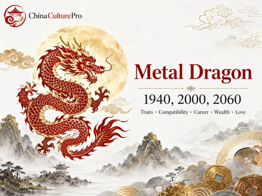 Metal Dragon zodiac cover with red gold dragon, golden moon, and traditional Chinese landscape