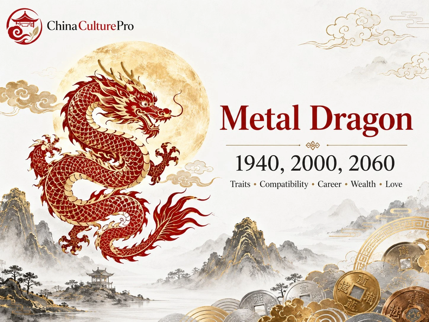 Metal Dragon zodiac cover with red gold dragon, golden moon, and traditional Chinese landscape