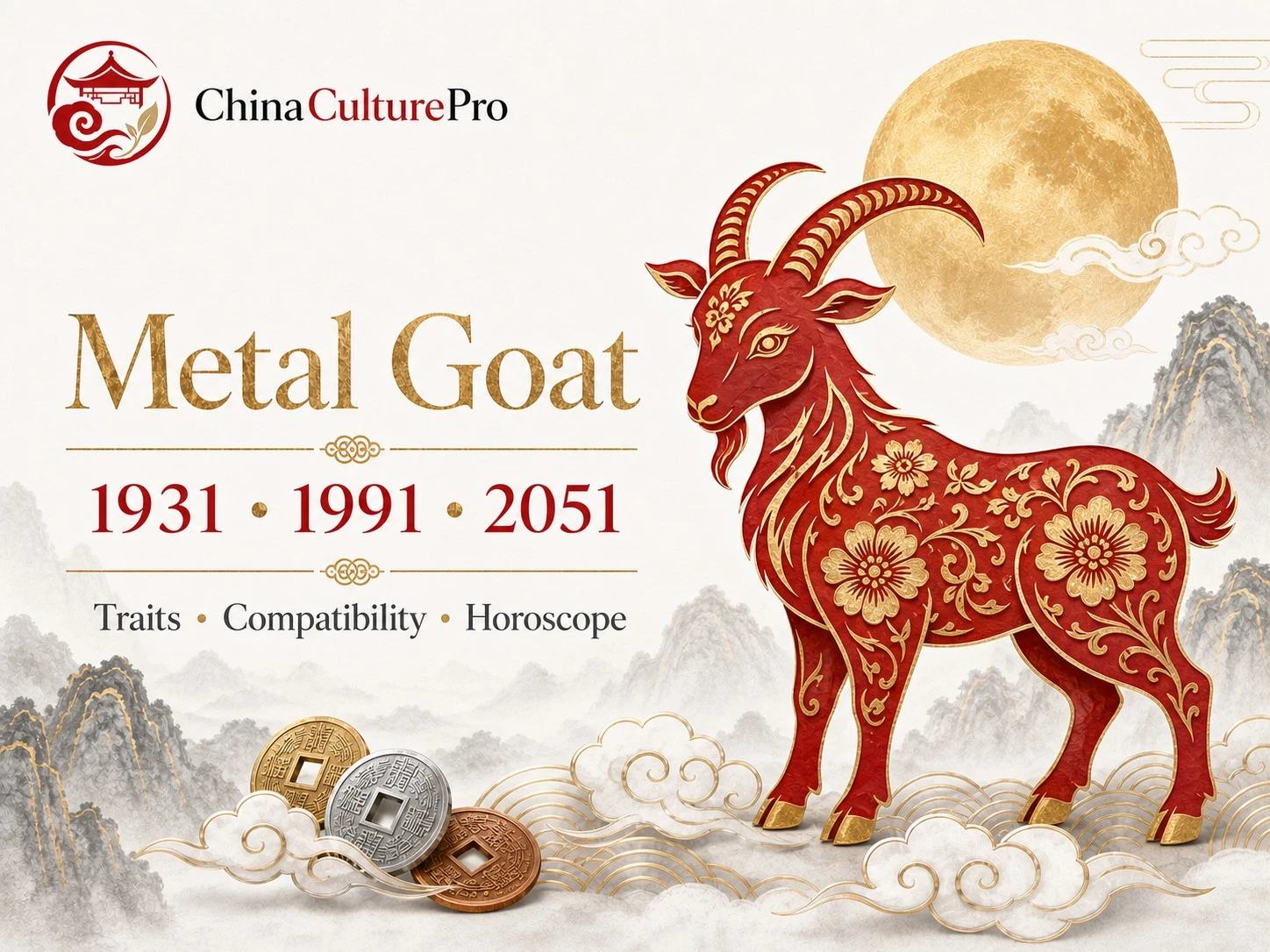 Metal Goat traits horoscope cover with red gold paper cut goat and traditional Chinese motifs