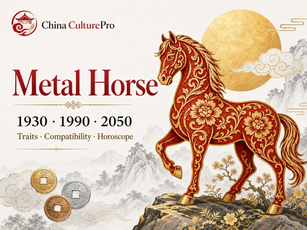 Metal Horse traits horoscope cover with red gold paper cut horse and traditional Chinese motifs