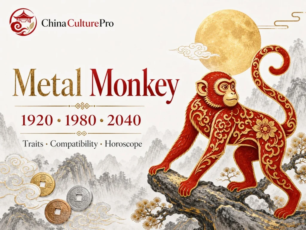 Metal Monkey traits horoscope cover with red gold paper cut monkey and traditional Chinese motifs