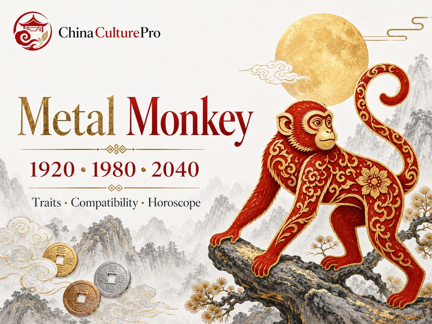 Metal Monkey traits horoscope cover with red gold paper cut monkey and traditional Chinese motifs