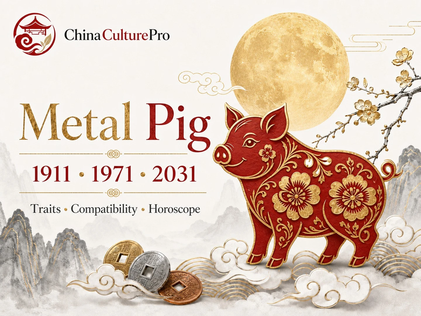 Metal Pig traits horoscope cover with red gold paper cut pig and traditional Chinese motifs