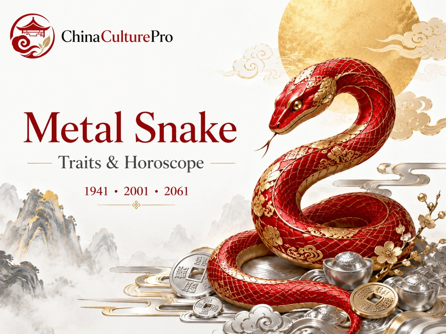 Metal Snake zodiac cover with red gold paper cut snake and traditional Chinese design