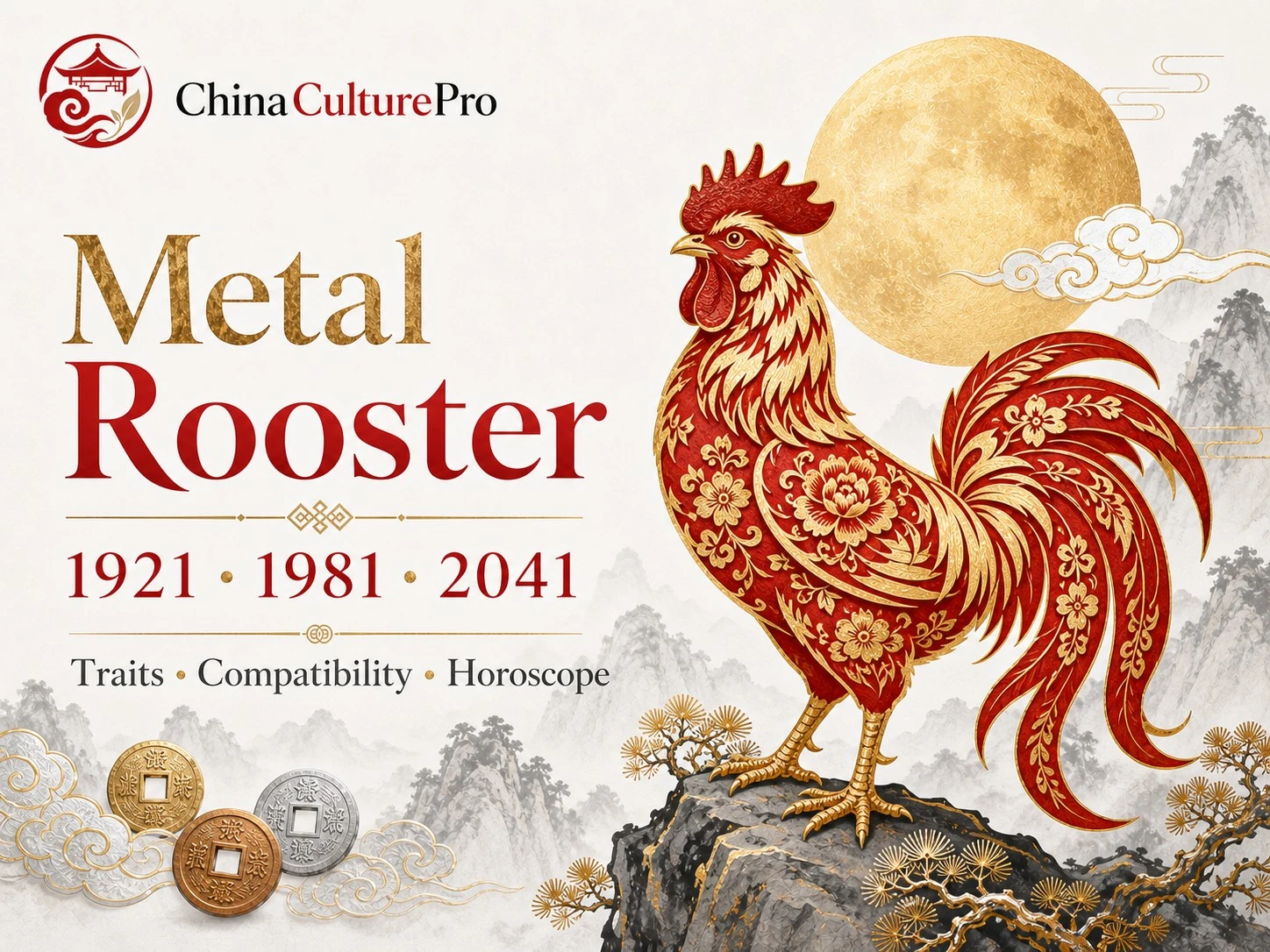 Metal rooster traits horoscope cover with red gold paper cut rooster and traditional Chinese motifs