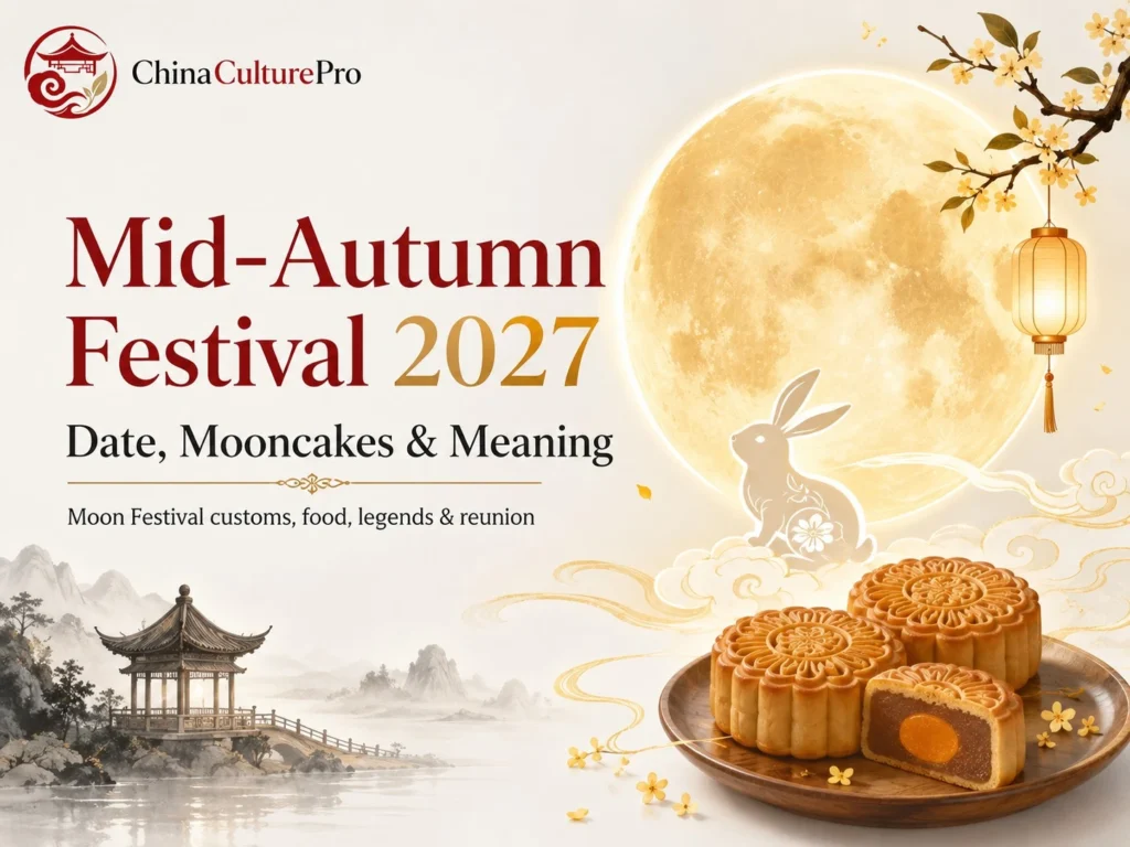 Mid Autumn Festival 2027 cover with mooncakes, full moon, lanterns, and China Culture Pro logo