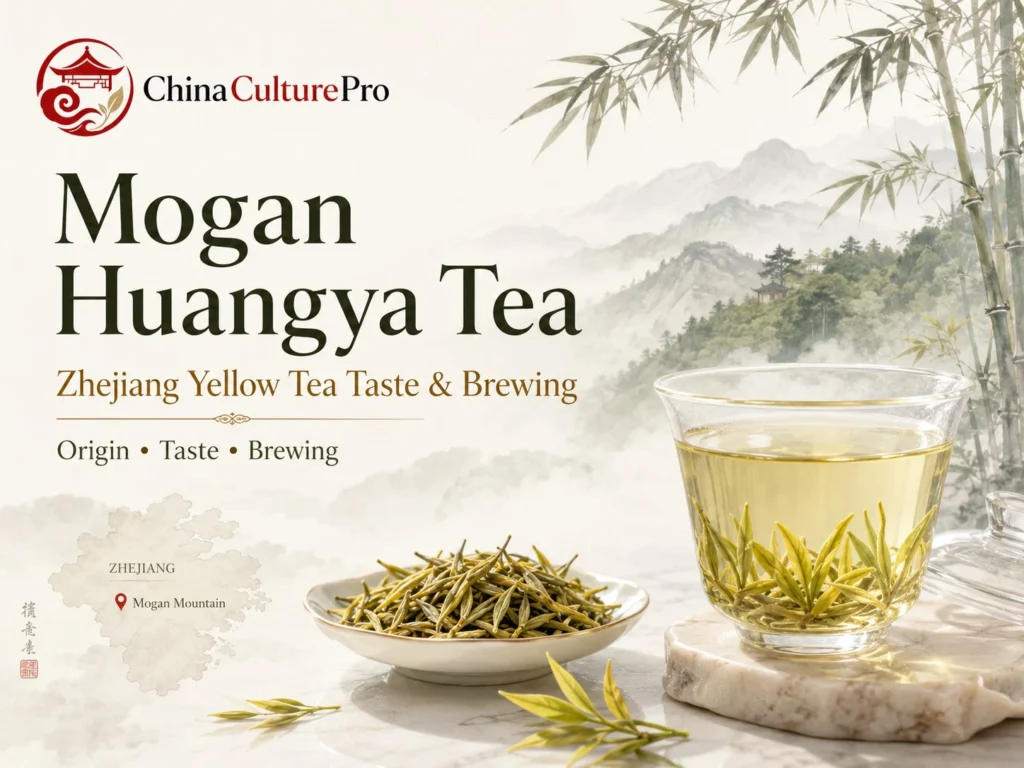 Mogan Huangya Tea guide with yellow tea buds, pale liquor, and Mogan Mountain scenery in Zhejiang