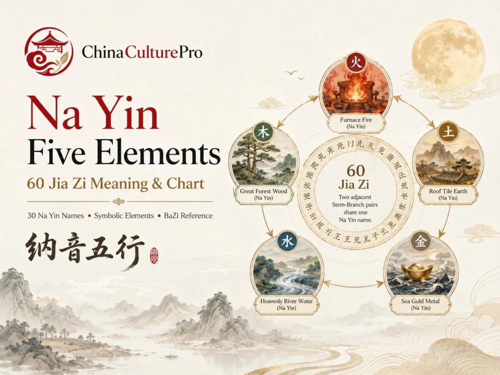 Na Yin Five Elements chart showing 60 Jia Zi cycle and symbolic Wood Fire Earth Metal Water examples