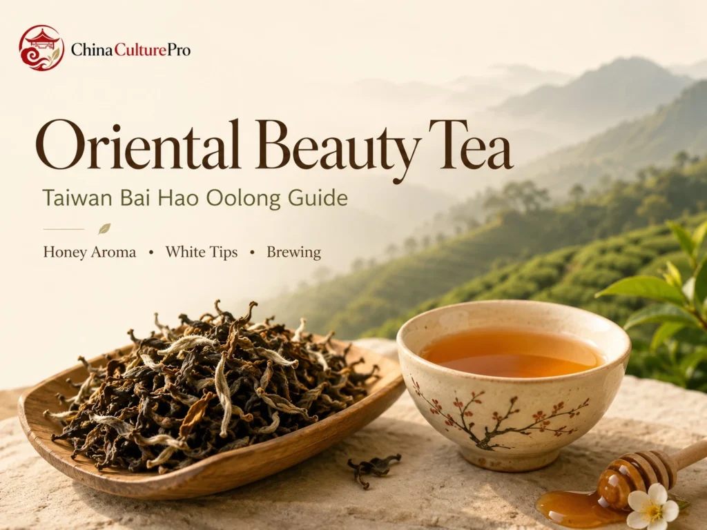 Oriental Beauty Tea guide with white tipped oolong leaves, amber liquor, honey aroma, and Taiwan mountain scenery