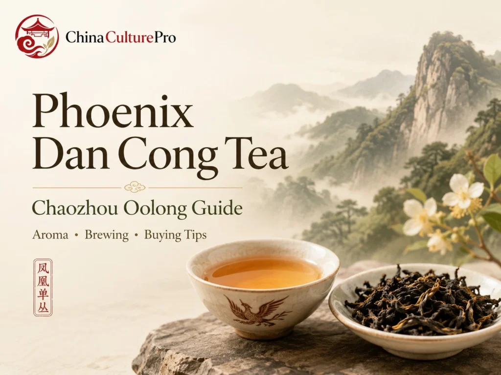 Phoenix Dan Cong Tea guide with Chaozhou oolong leaves, amber liquor, and misty Fenghuang mountain scenery