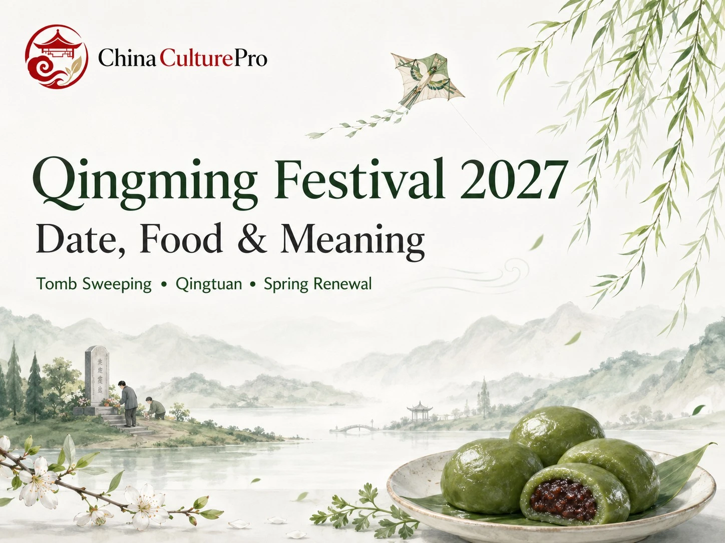 Qingming Festival 2027 cover with qingtuan, willow branches, and traditional Chinese spring memorial imagery