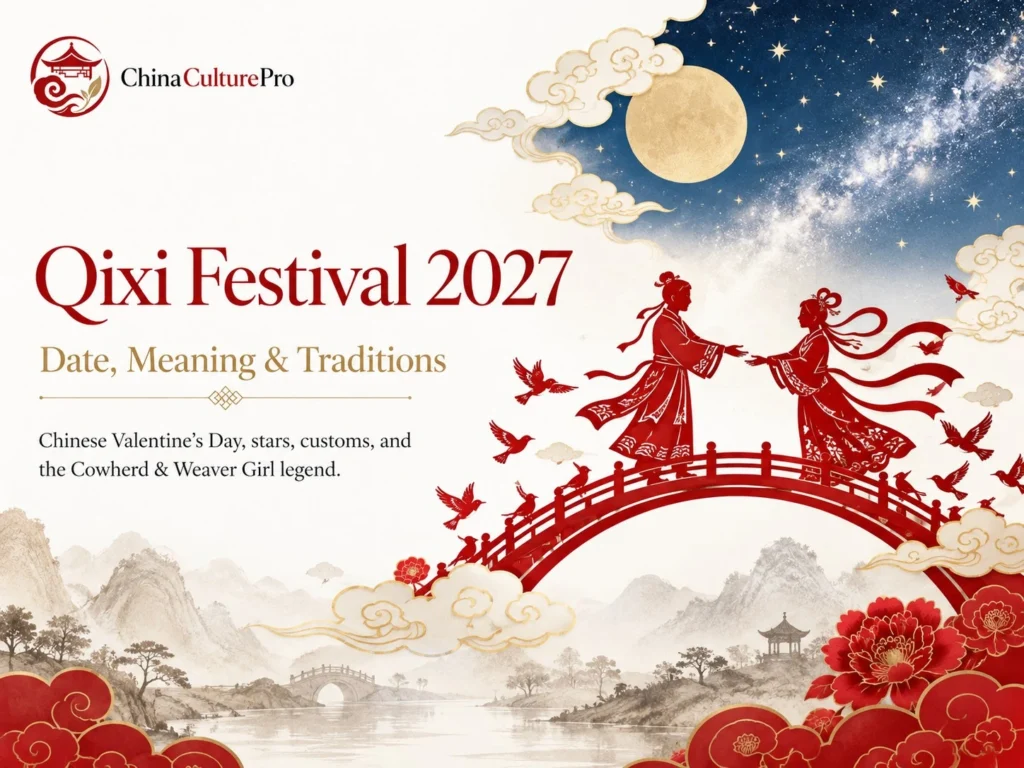 Qixi Festival 2027 cover featuring magpie bridge, lanterns, and romantic Chinese cultural motifs